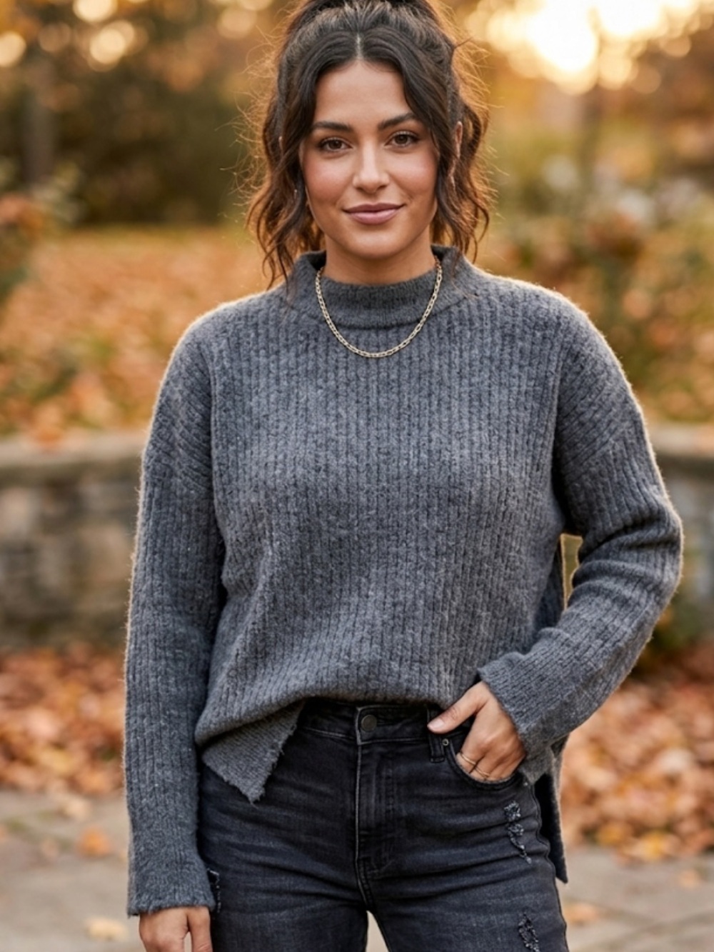 H&M Ribbed Mock Neck Sweater in Gray